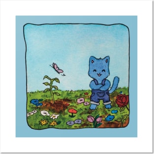 gardening cat garden flowers butterfly watercolor illustration Posters and Art